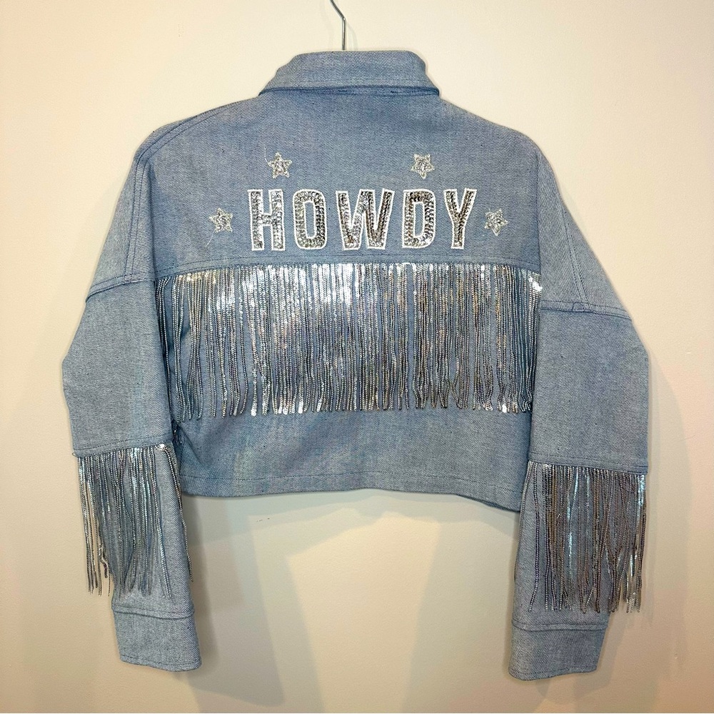 Silver Sequin Fringe Jean “HOWDY” jacket - NWT